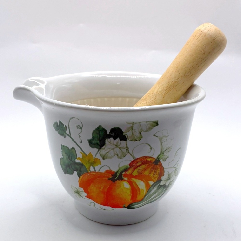Ciroa Mortar and Pestle Set Small White Pumpkin Harvest Stoneware Fall Decor